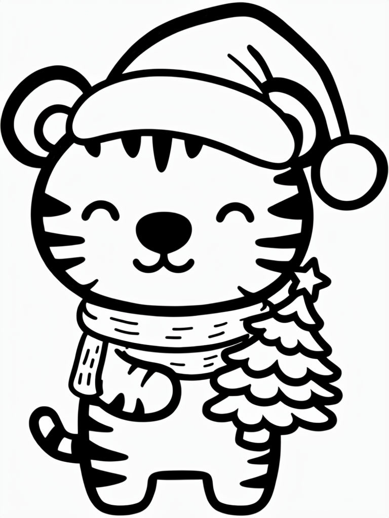 Cute Cartoon Tiger in Santa Hat with Christmas Tree Coloring Book Pages