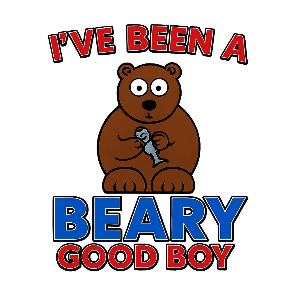 Playful Cartoon Brown Bear Holding Fish with Text Sticker