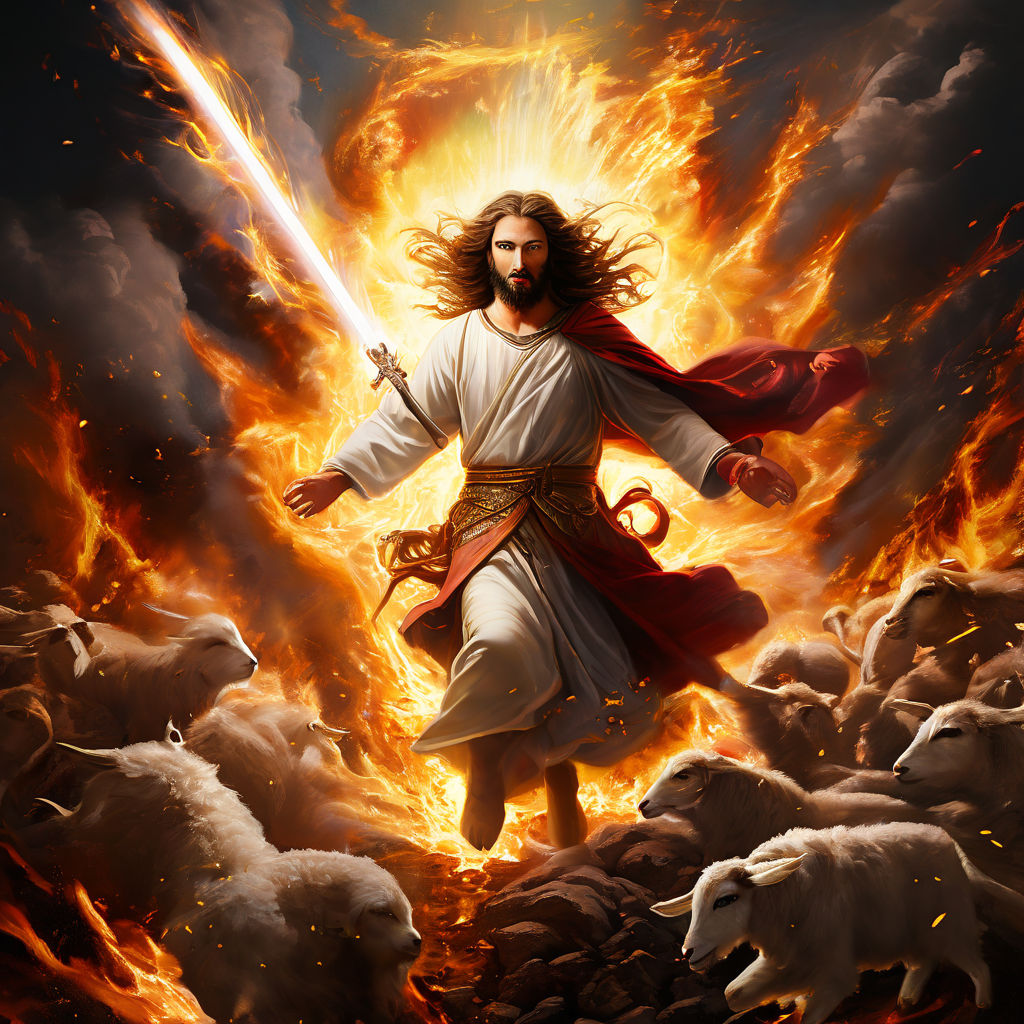 Jesus Christ defeating Death with a flaming firebolts sword ... by ...