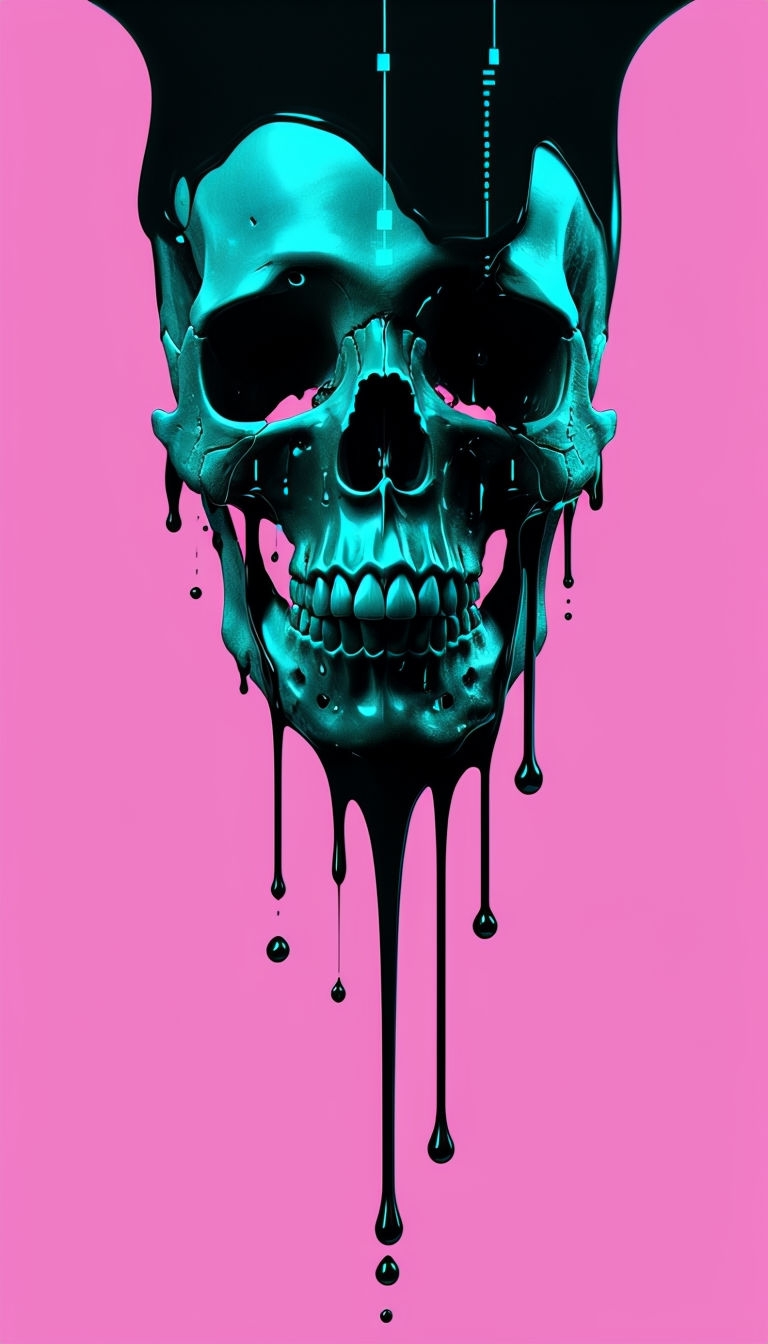 Stylized Human Skull with Dripping Black Ink and Cyan Code Mobile Wallpaper