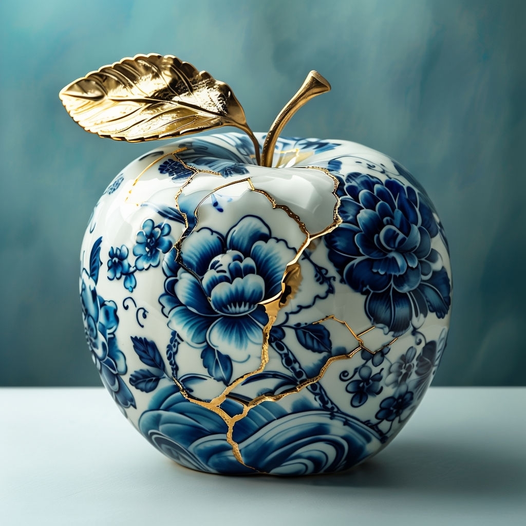 Elegant Porcelain Apple Sculpture with Gold Accents Art