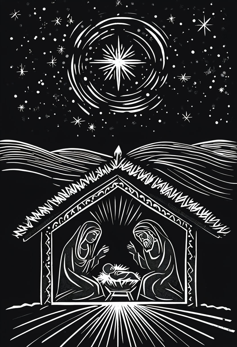 Traditional Black and White Nativity Scene Linocut Art Print