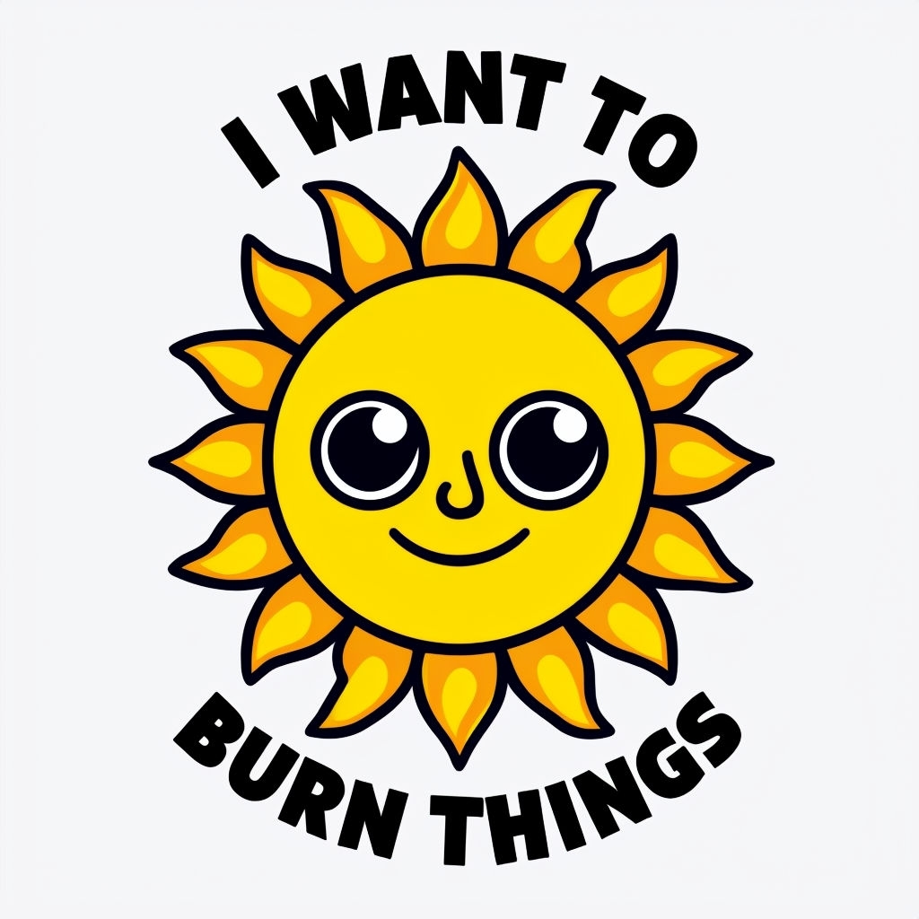 Cheerful Cartoon Sun Face with 'I Want To Burn Things' Sticker