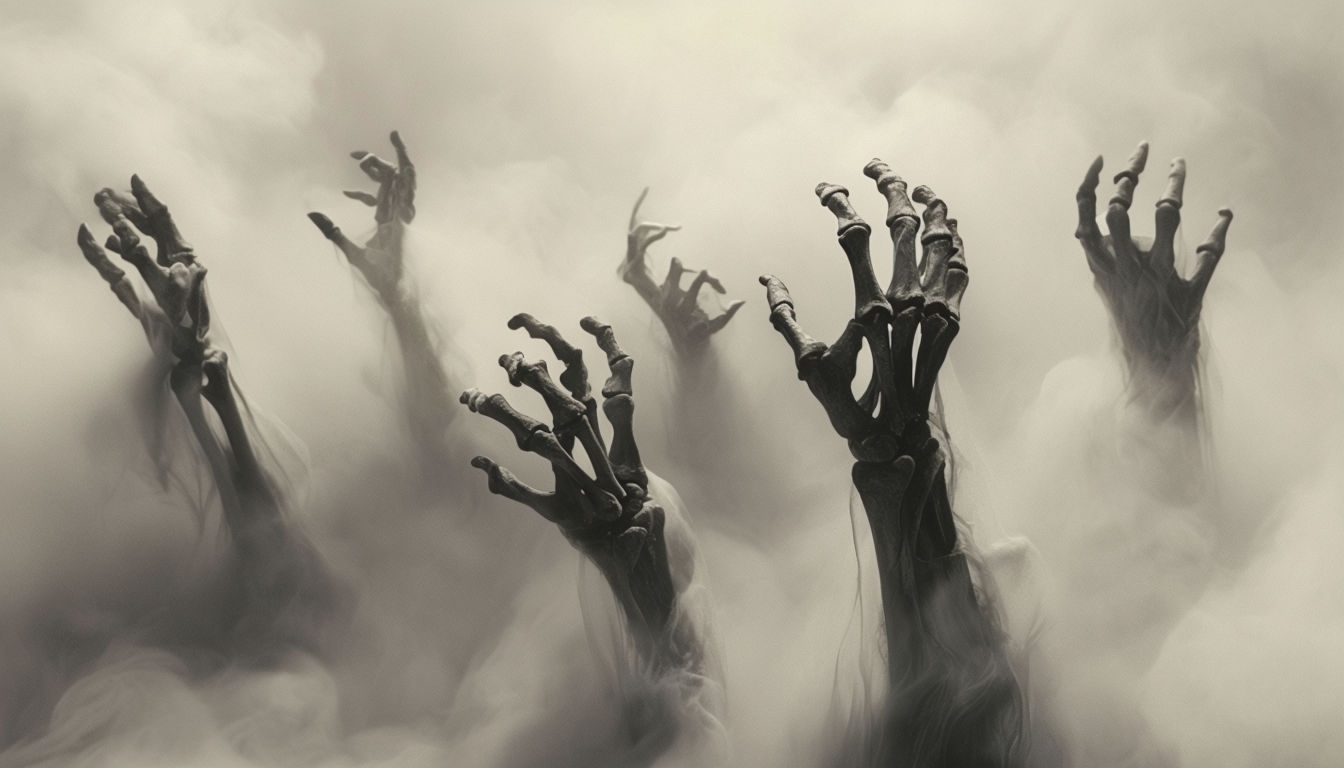 Eerie Monochromatic Skeletal Hands Emerging from Fog Virtual Backgrounds