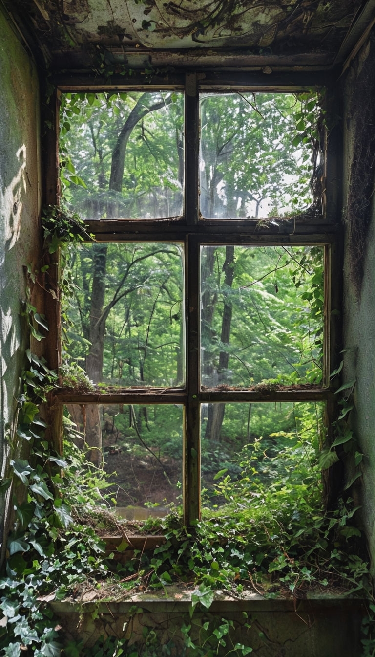 Abandoned Window Frame Overlooking Lush Forest Scene Mobile Wallpaper