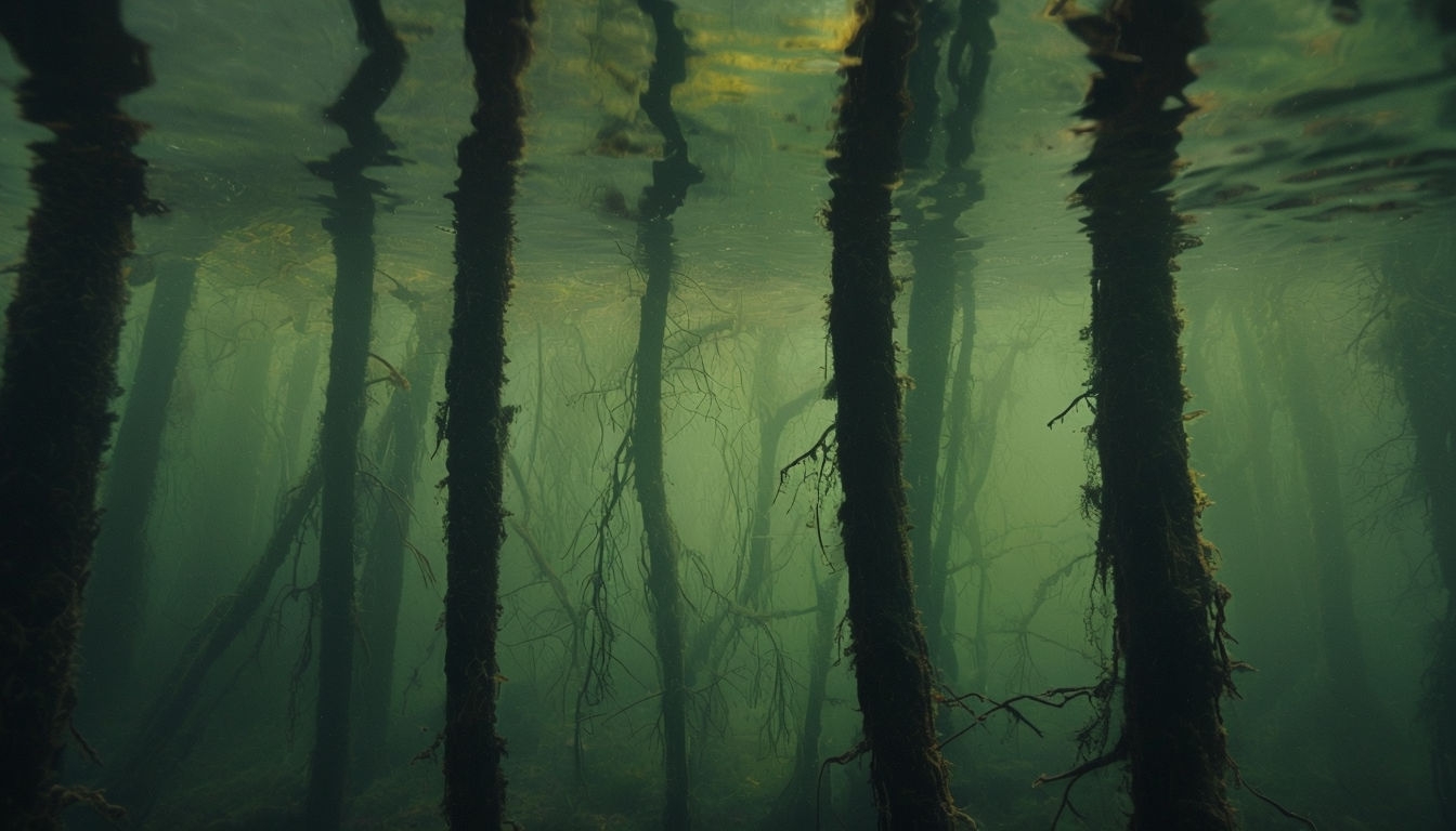 Mysterious Underwater Forest Scene with Tranquil Green Water Virtual Background