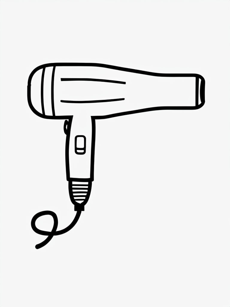 Minimalist Black Line Drawing of a Hairdryer Coloring Book Page
