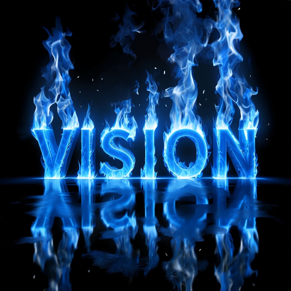 Dramatic Fiery 'VISION' 3D Text Art with Blue Flames Poster