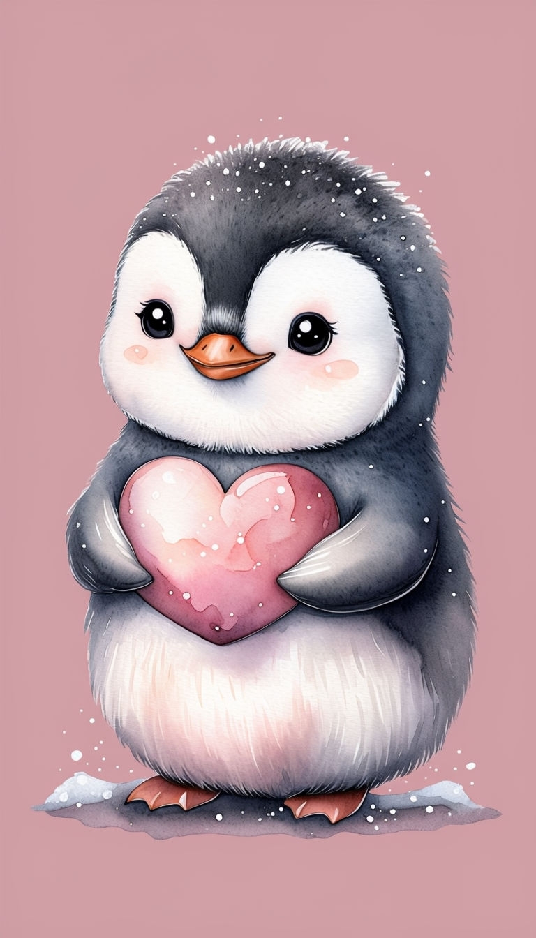 Charming Penguin Holding Heart Watercolor Illustration Phone Case Cover