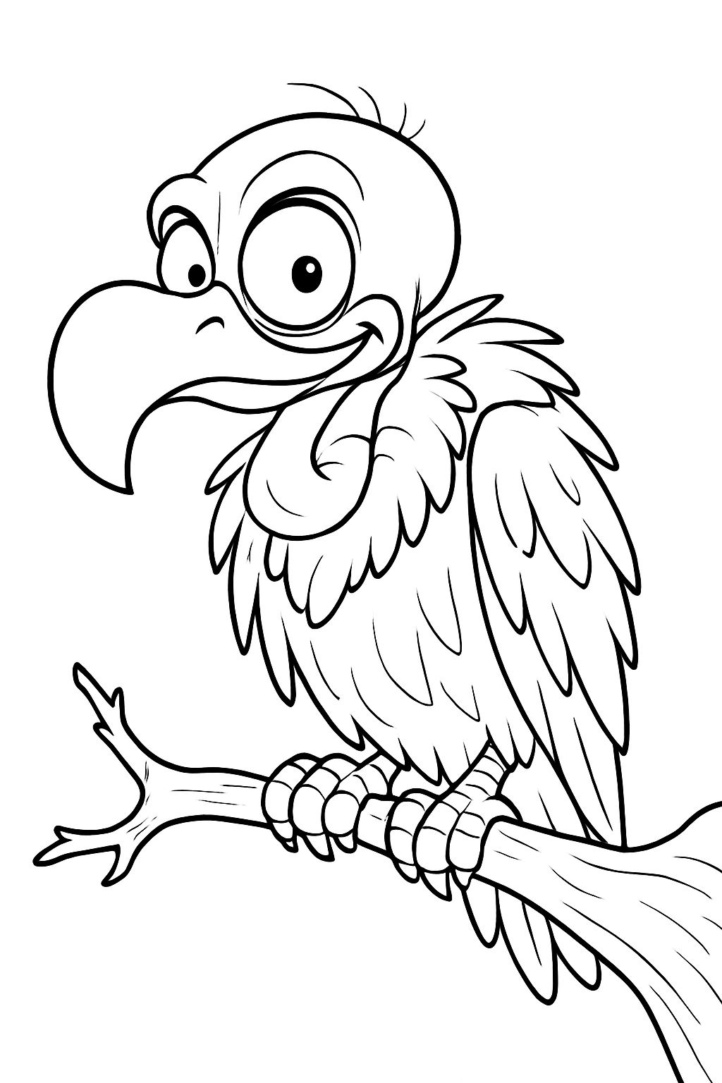 Cheeky Cartoon Eagle Perched on a Branch Coloring Book Page