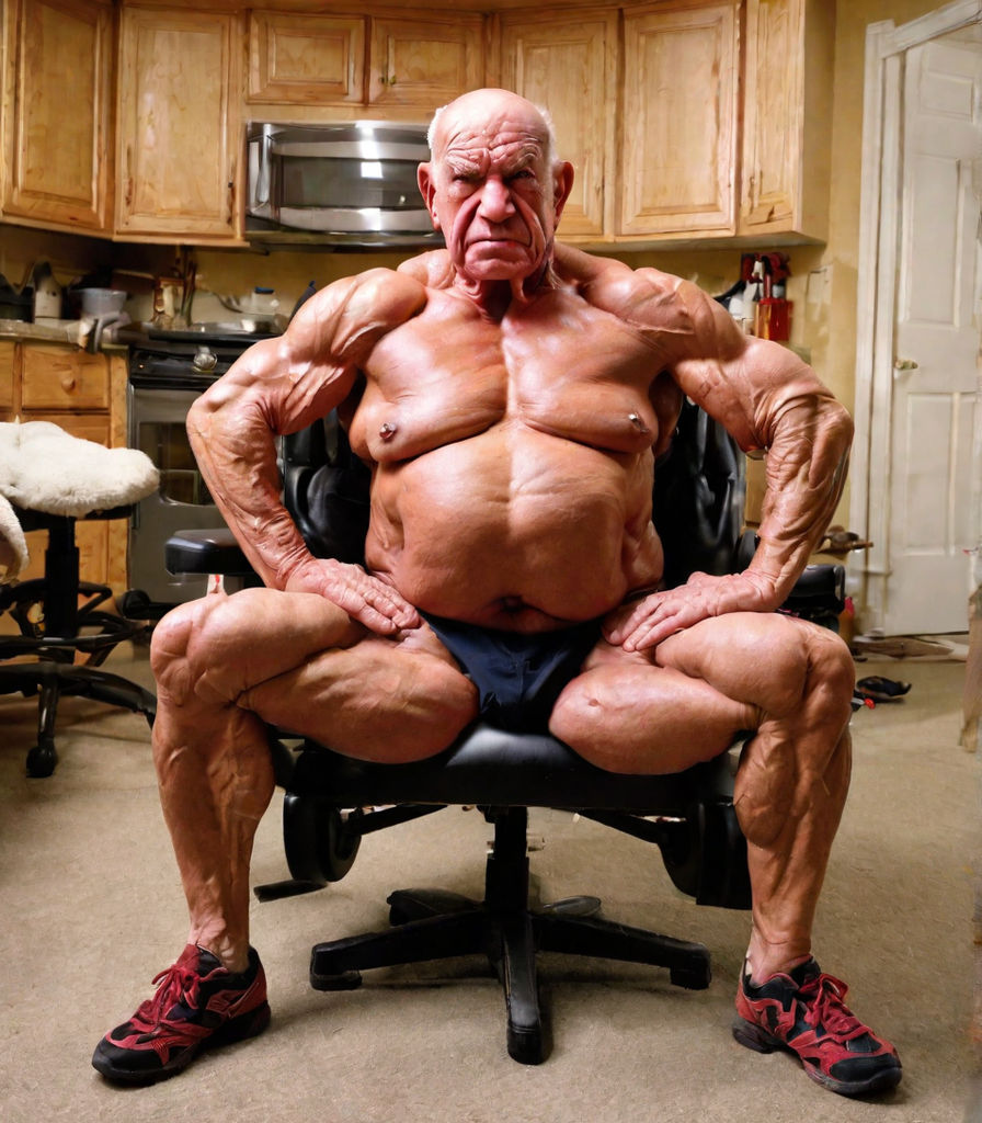 an extremely muscular extremely large 65 year old Caucasian bodybuilder  flexing his muscles