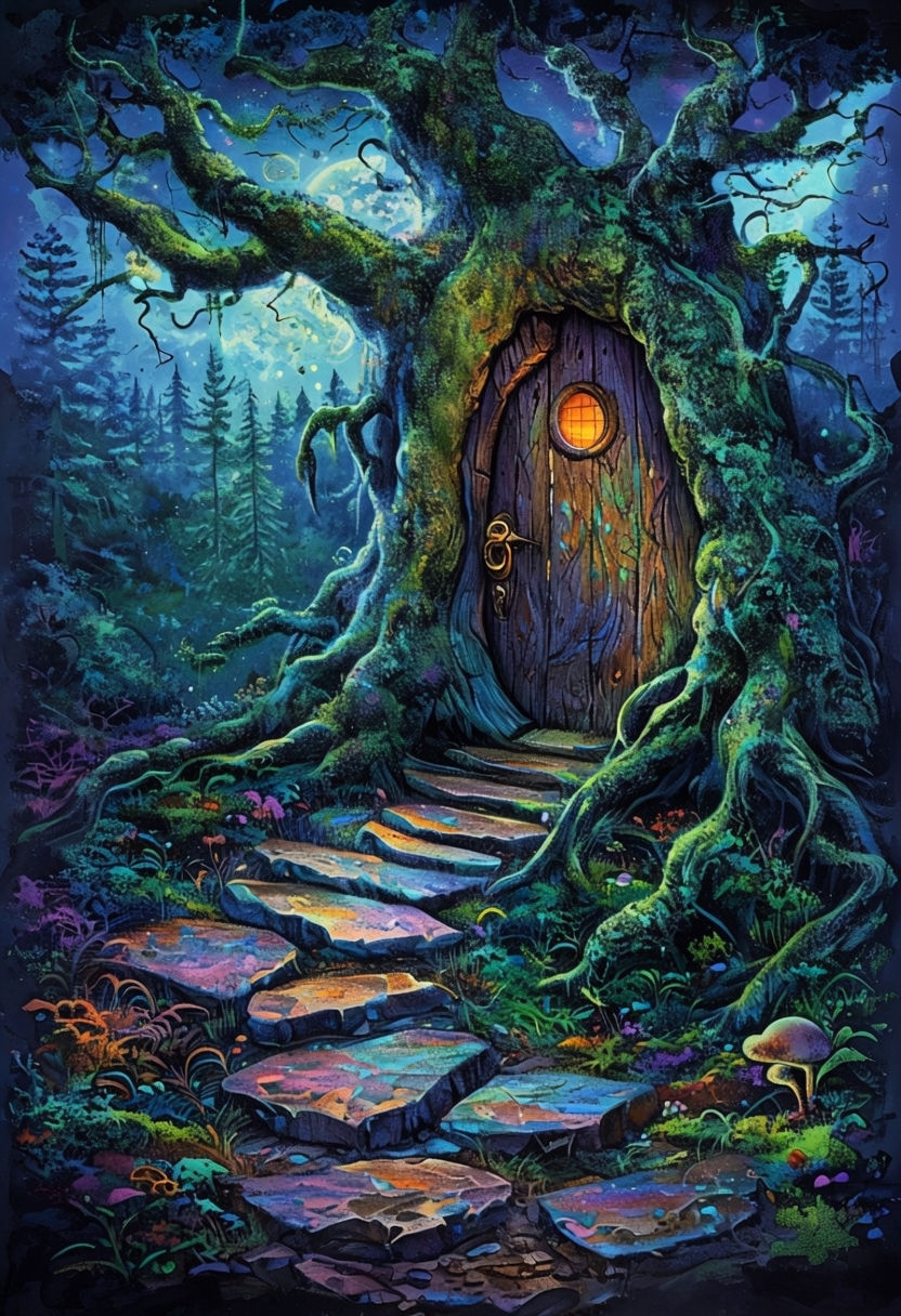 Mystical Ancient Tree with Glowing Door Fantasy Art Poster