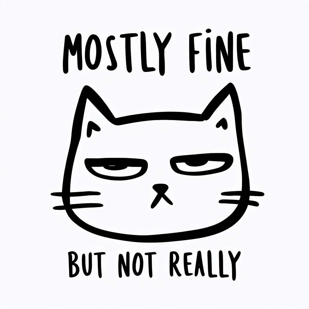Minimalist Cat Face Illustration with Mostly Fine Text Sticker