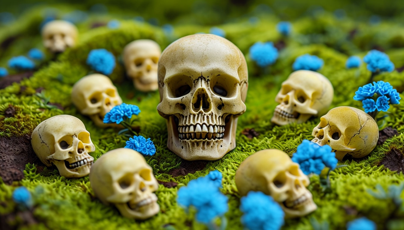 Surreal Macro Photography of Miniature Skulls on Mossy Terrain Background
