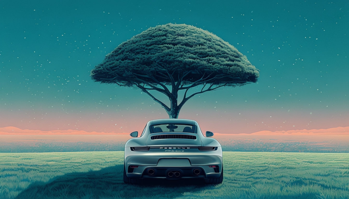 Silver Porsche Sports Car Surreal Scene in Grassy Field Virtual Background