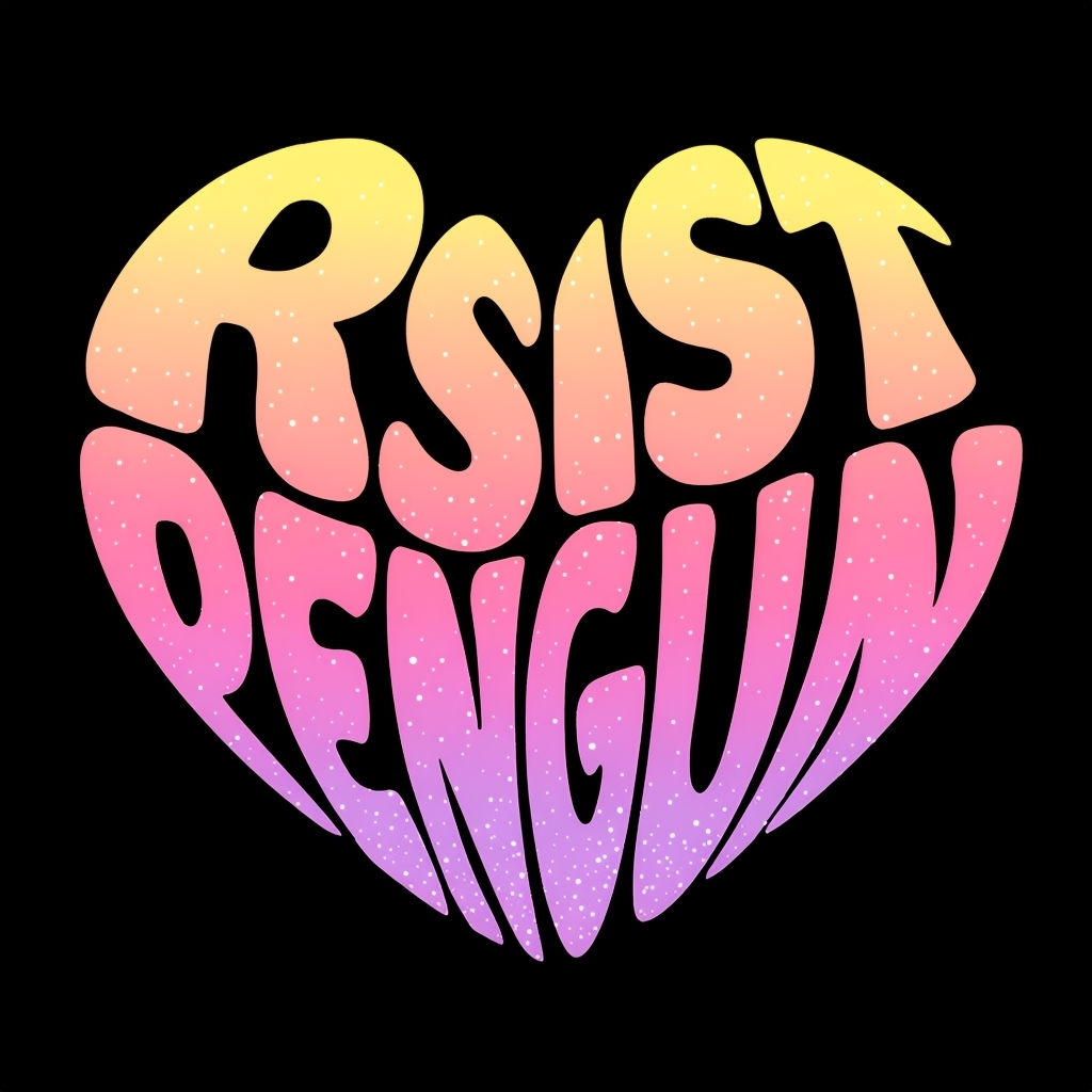 Gradient Heart Shaped Text RSiST PENGUIN T-shirt