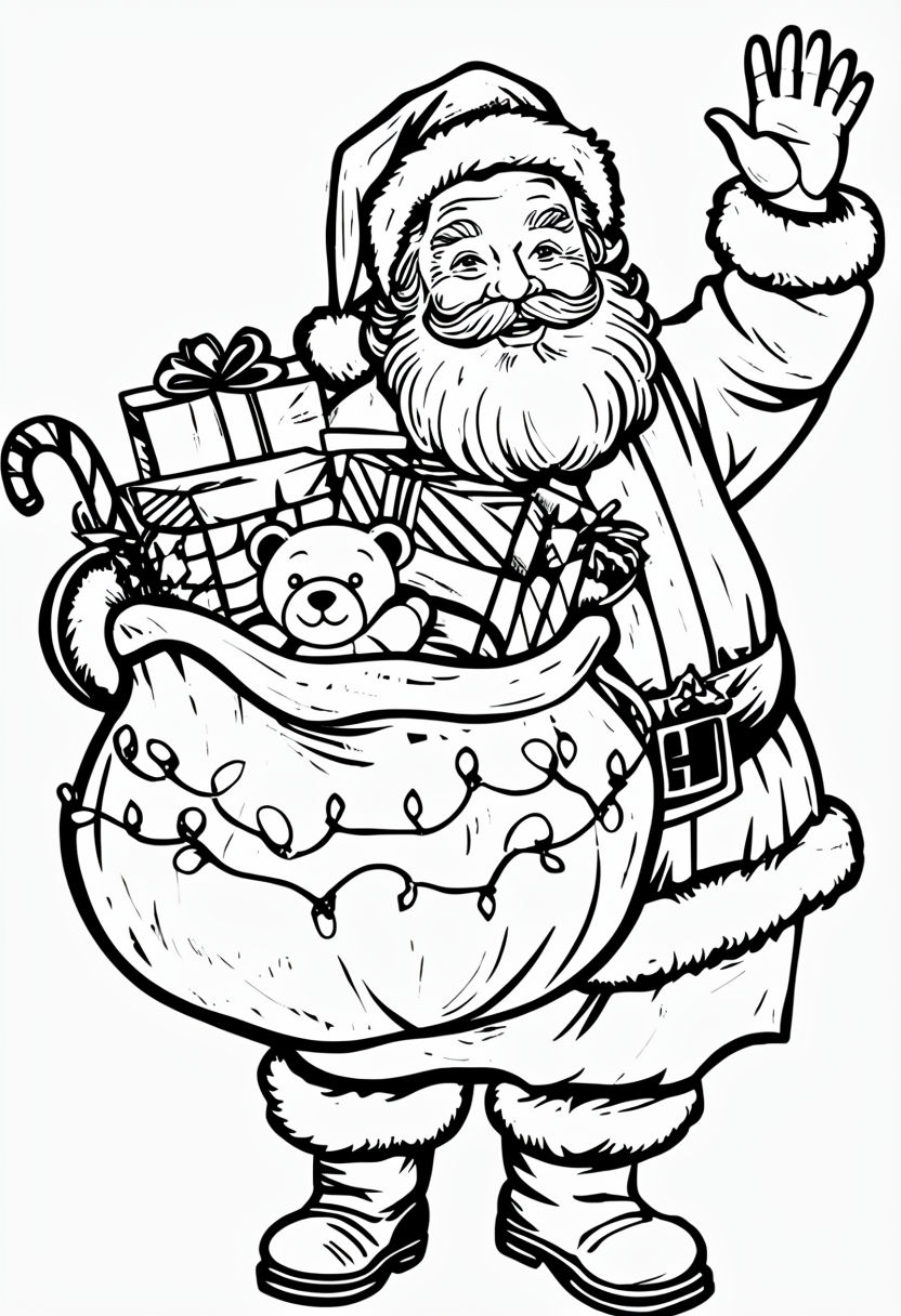 Cheerful Santa Claus Linocut Coloring Page for Kids Coloring Book Pages