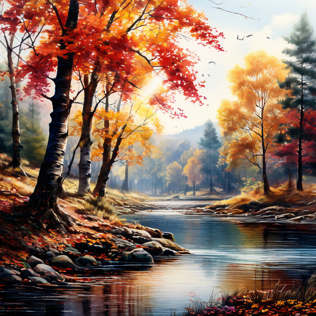 Vintage nature vibrant autumn loomimg trees river wild anima... by ...