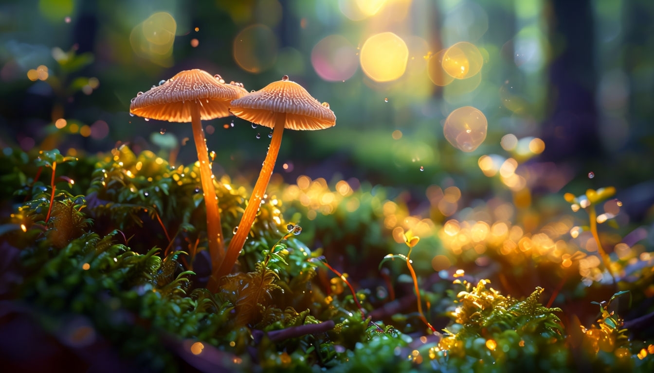 Enchanting Forest Mushrooms Amidst Lush Green Moss Virtual Backgrounds
