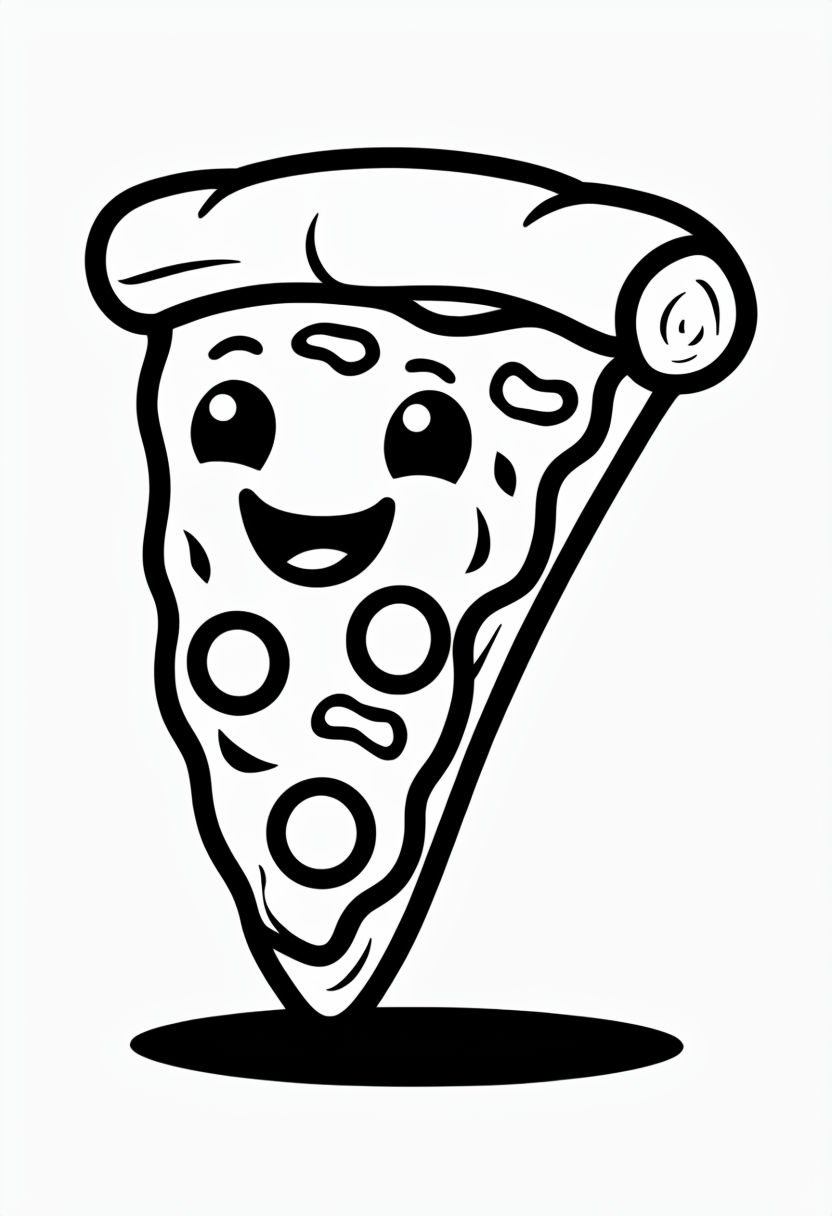 Cheerful Cartoon Pizza Slice Coloring Book Page