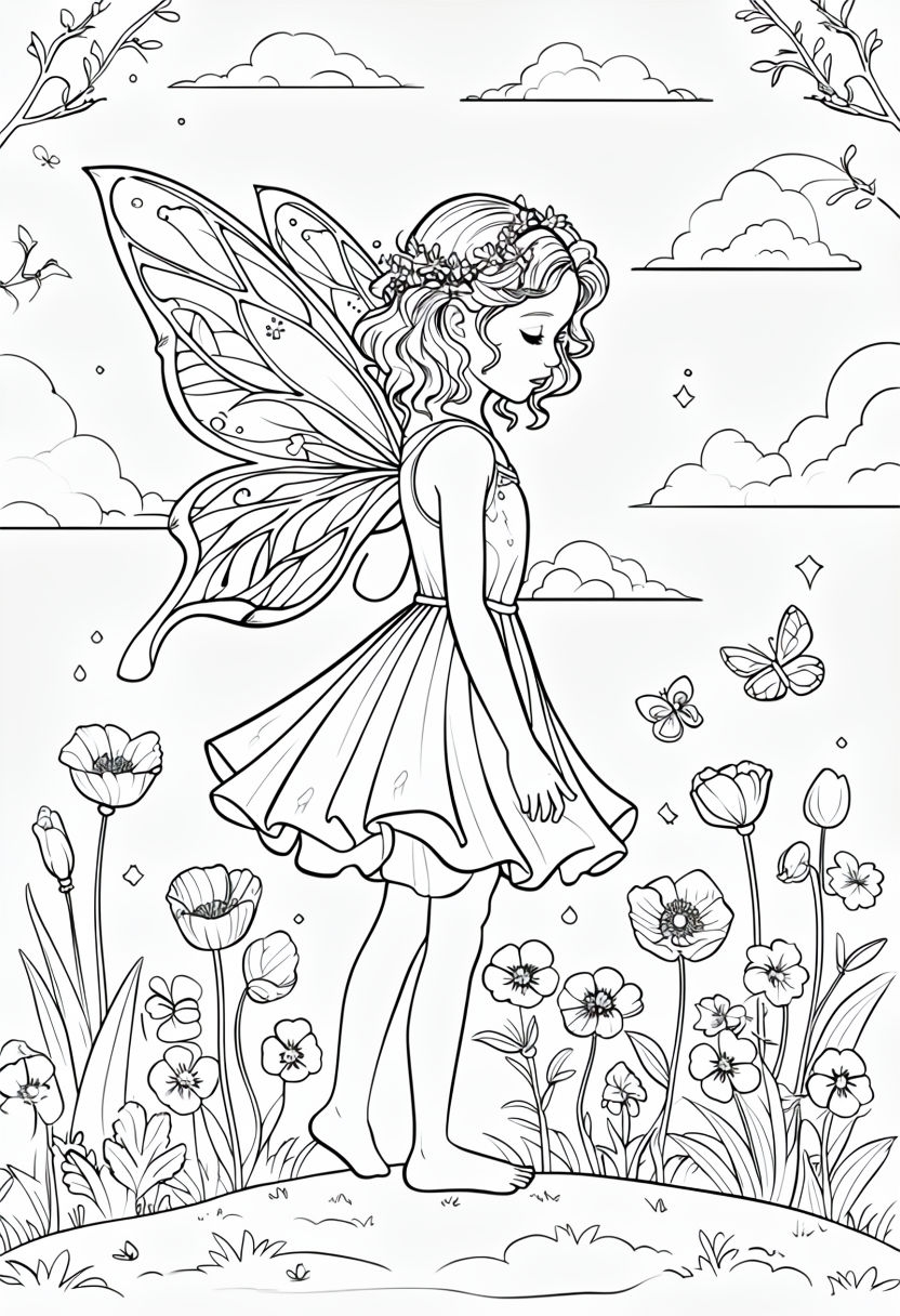 Whimsical Fairy in Flower Garden Coloring Book Page