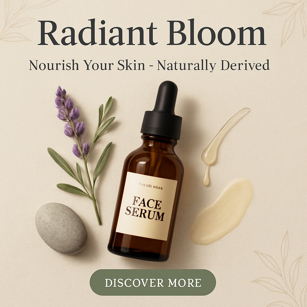 Minimalist Face Serum Advertisement with Lavender and Stone Ads