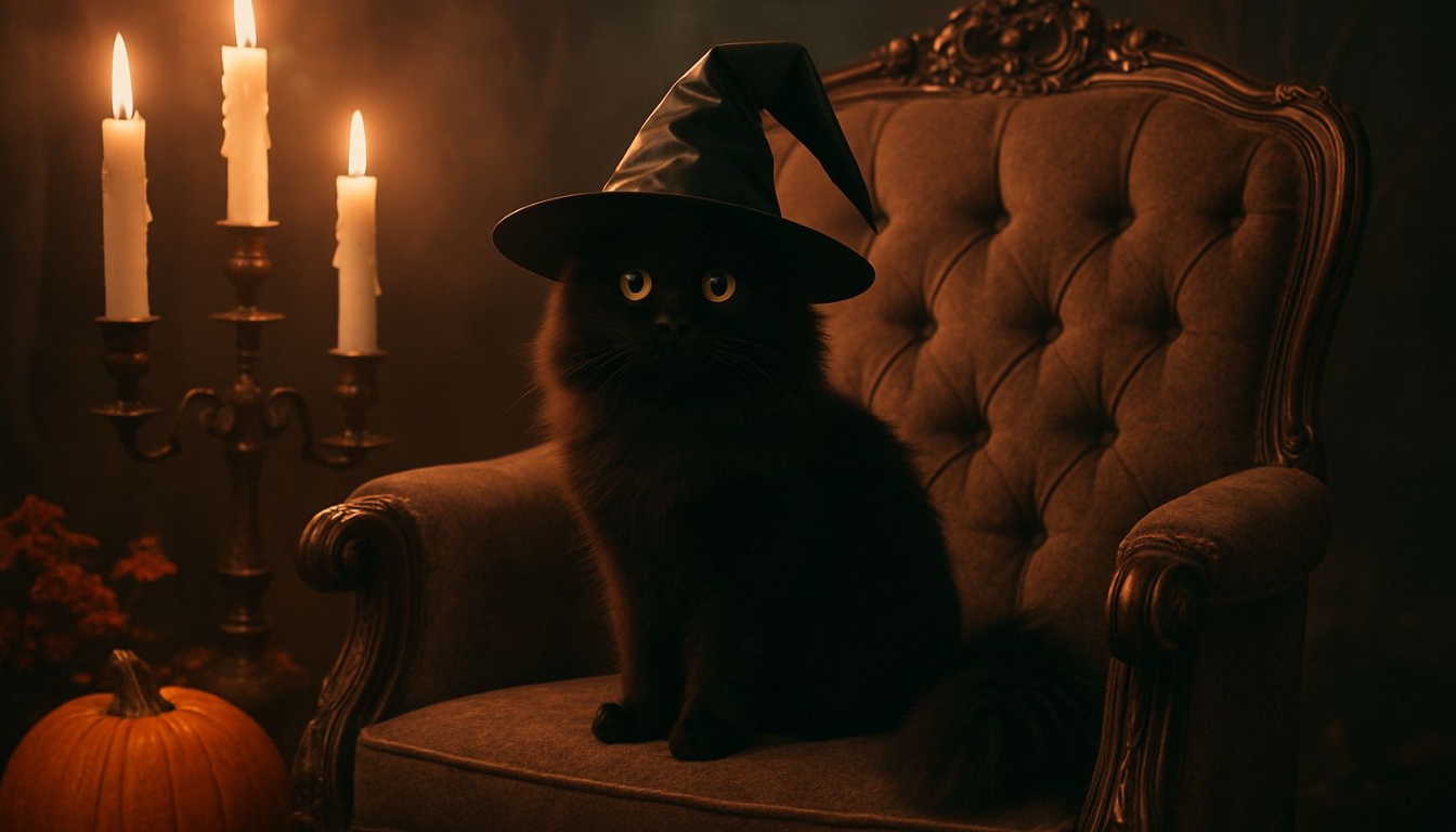 Whimsical Black Cat in Witch Hat on Vintage Armchair Background Virtual Backgrounds