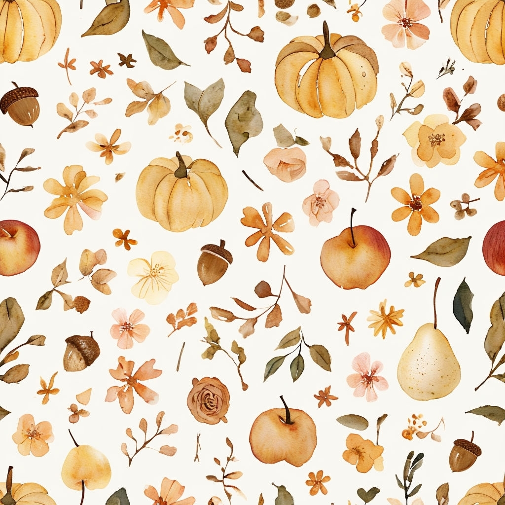 Whimsical Autumn Fruits and Flowers Watercolor Pattern