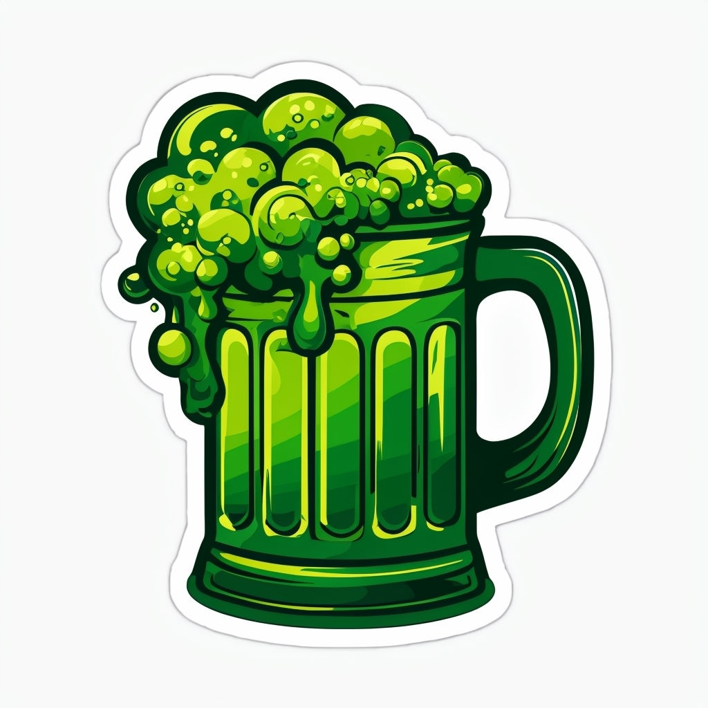 Vibrant Green Beer Mug Sticker Design with Foam Overflowing