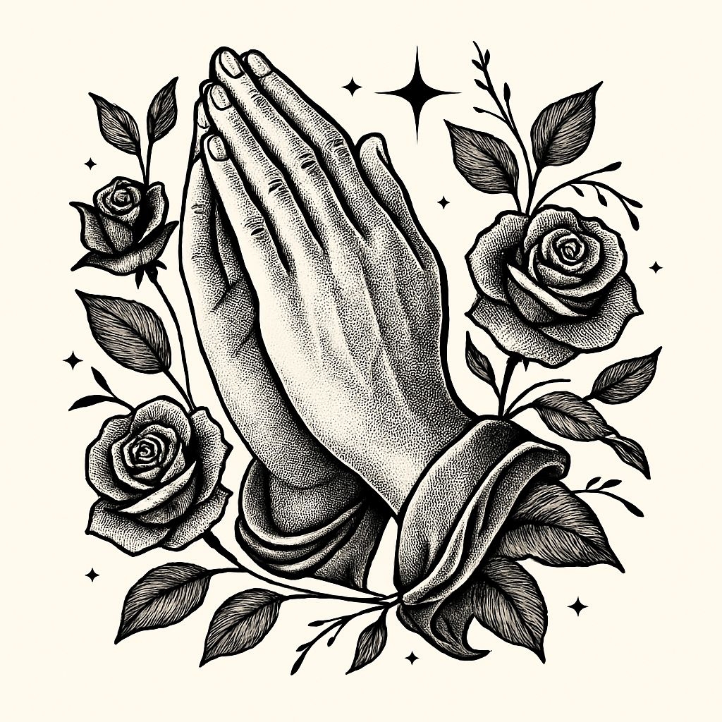 Intricate Black and White Prayer Hands and Roses T-Shirt