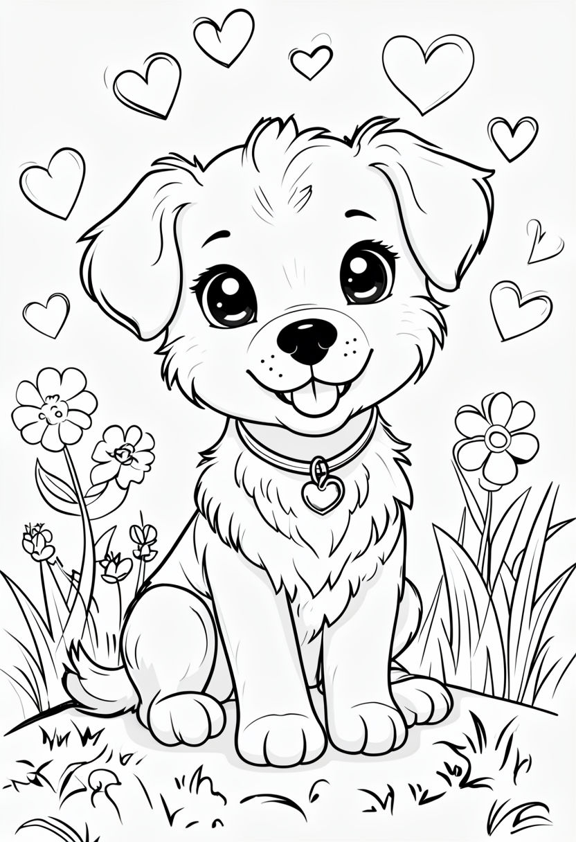 Adorable Cartoon Dog Surrounded by Flowers and Hearts Coloring Book Page