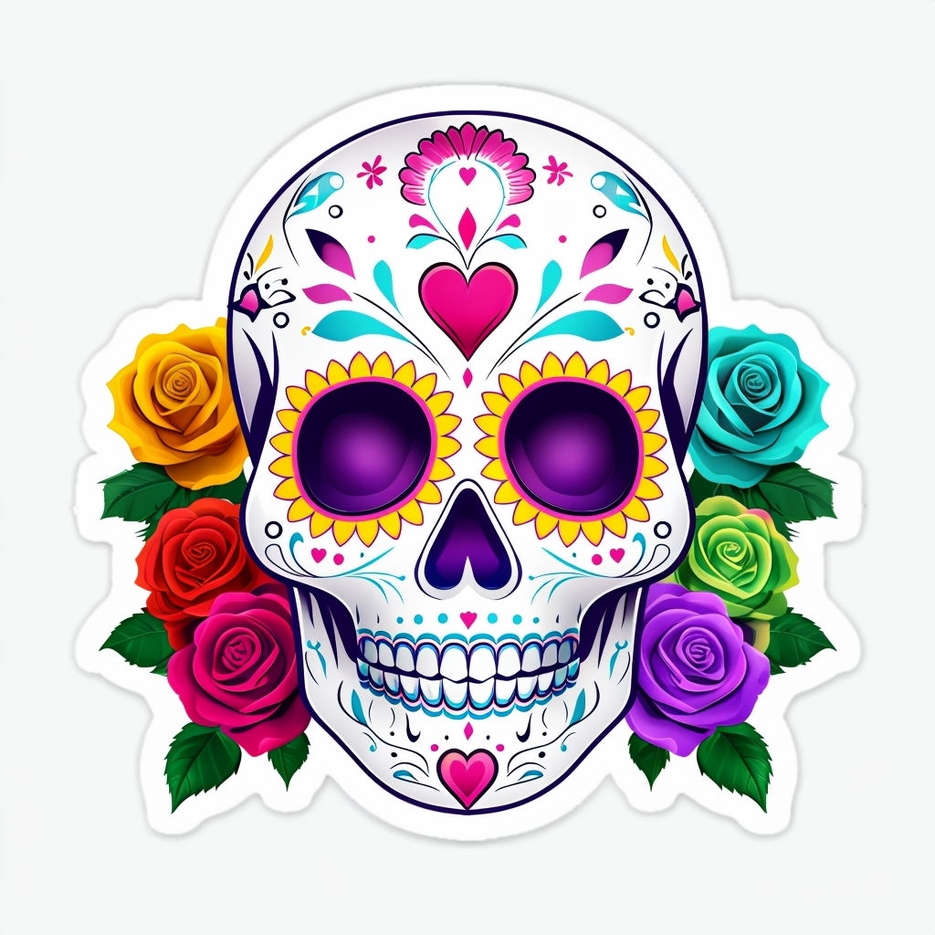 Vibrant Day of the Dead Sugar Skull Floral Sticker