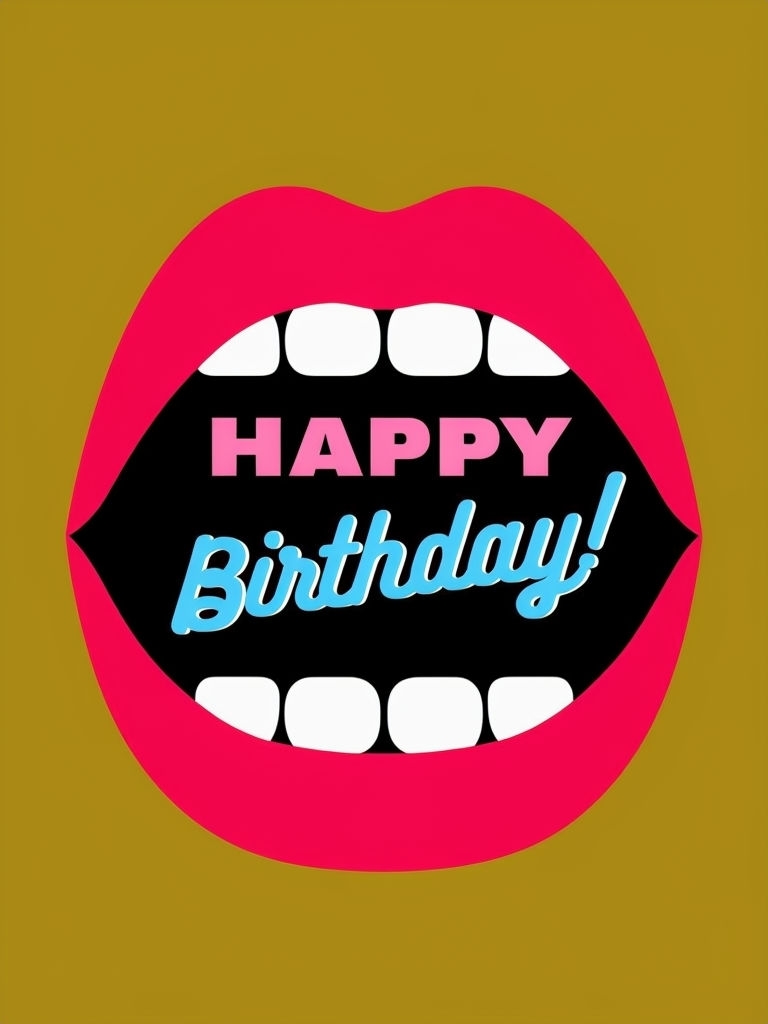 Stylized Happy Birthday Mouth Design on Mustard Yellow Card 