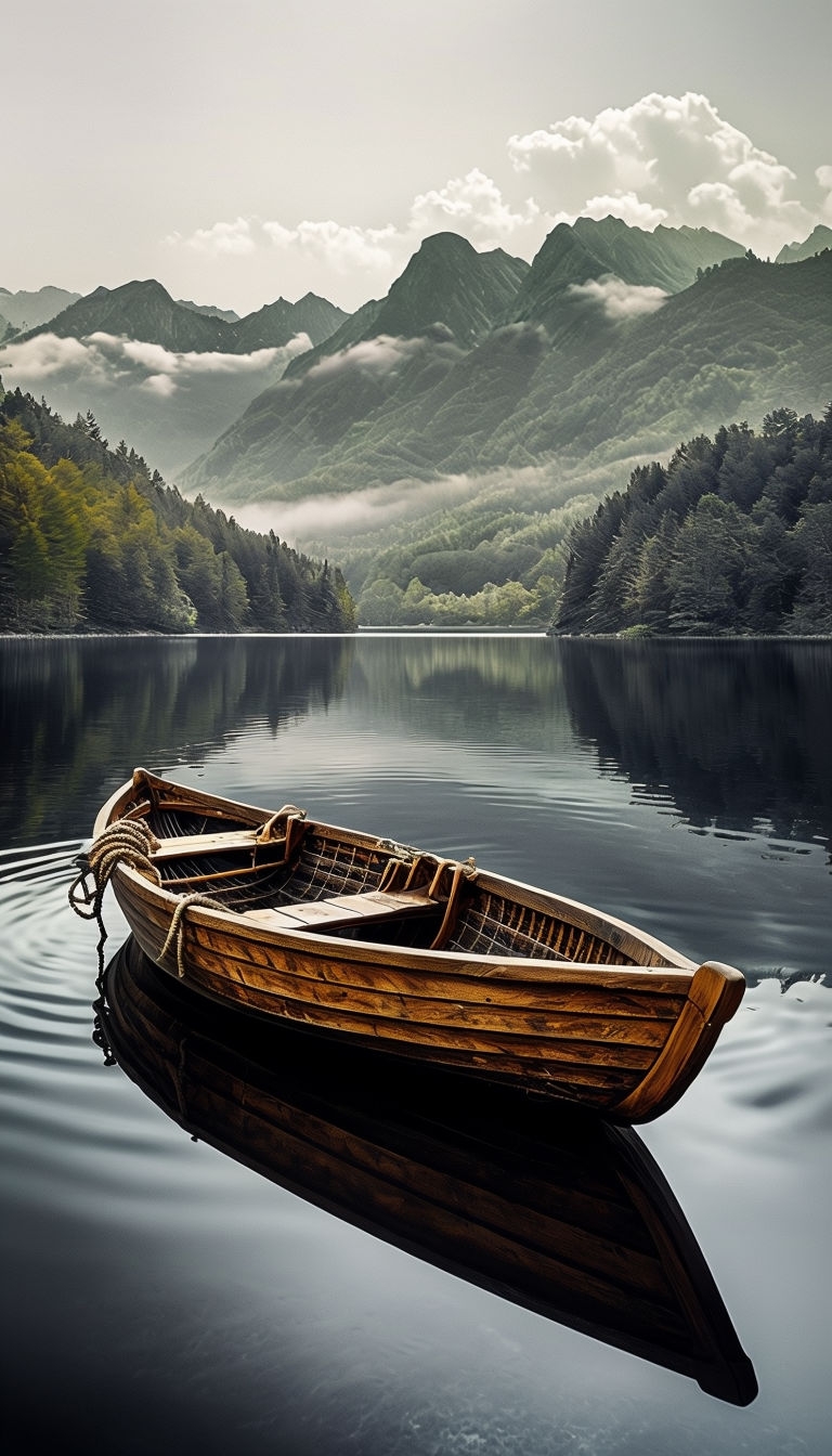 Tranquil Lakeside Scene with Rustic Wooden Boat Mobile Wallpaper