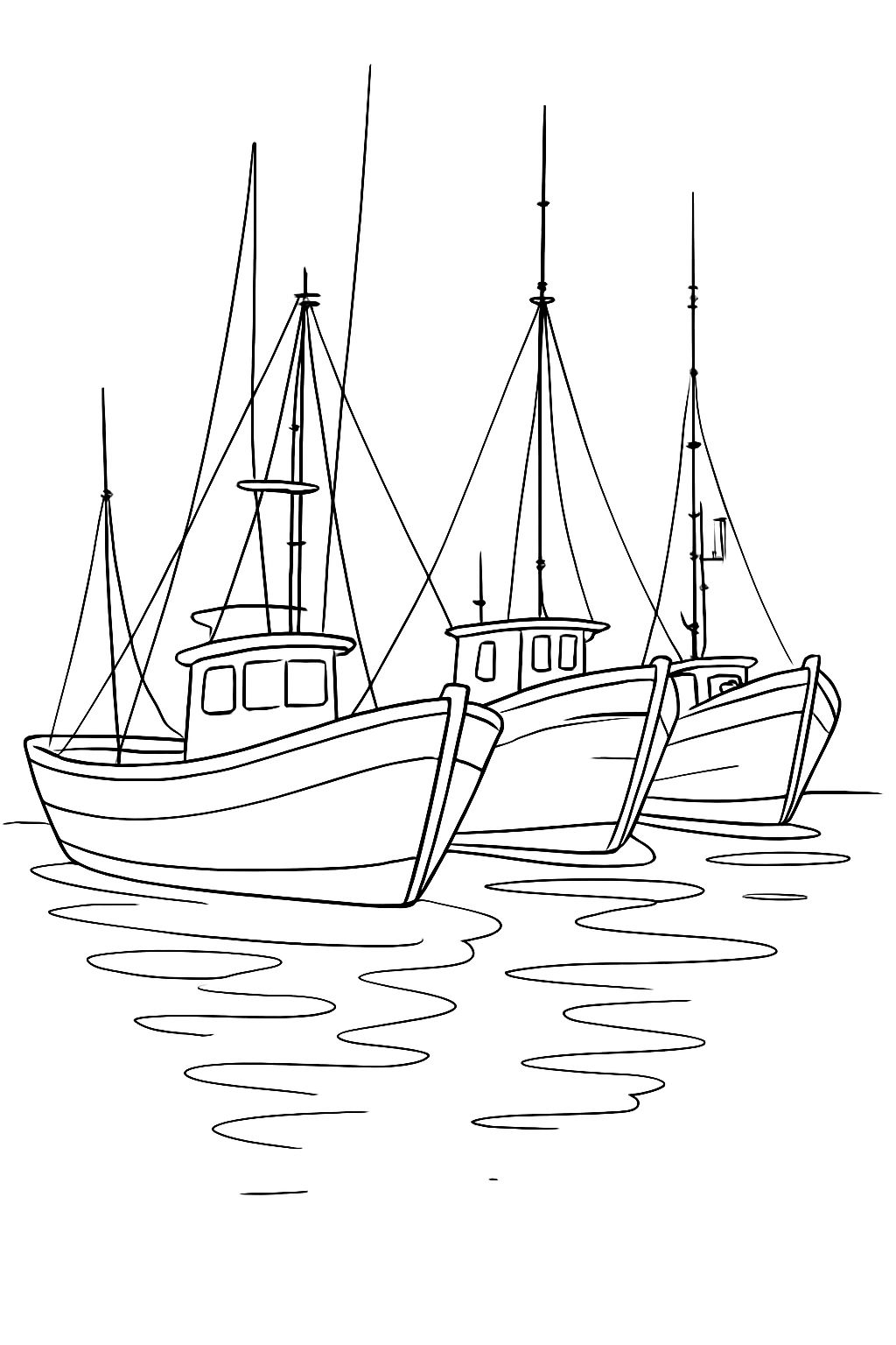 Minimalist Line Drawing of Three Fishing Boats Coloring Book Page