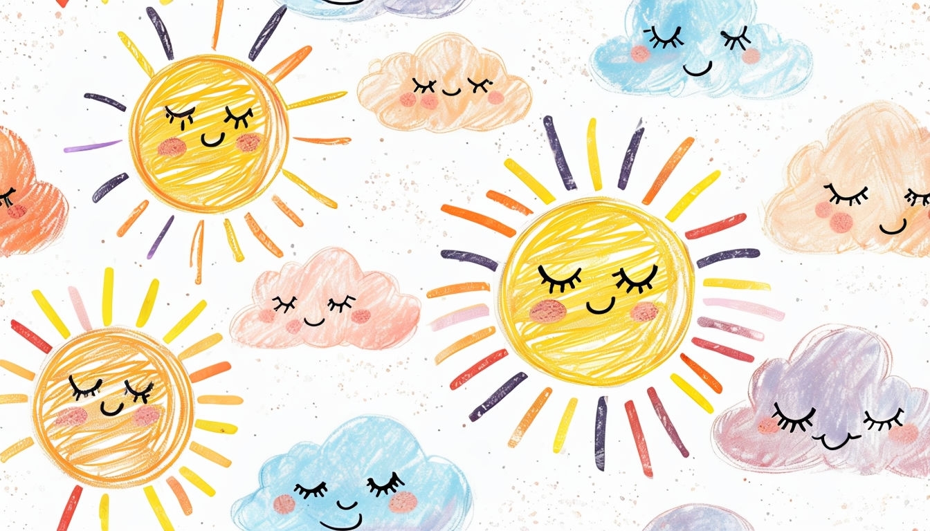 Cheerful Suns and Clouds Whimsical Illustration for Backgrounds