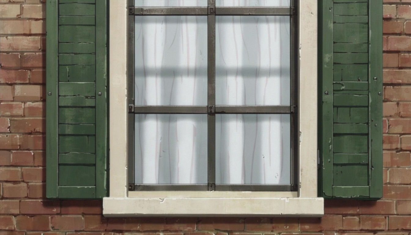 Rustic Anime Window View on Brick Building Virtual Background