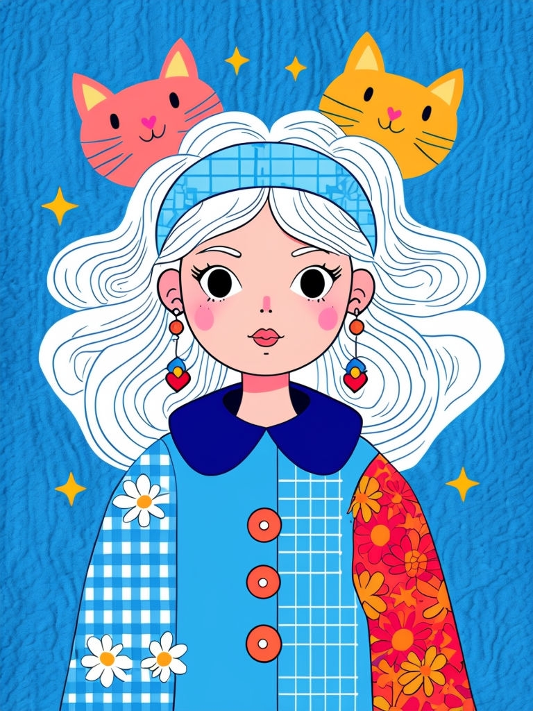 Playful Cartoon Character with Cats and Colorful Patterns Art
