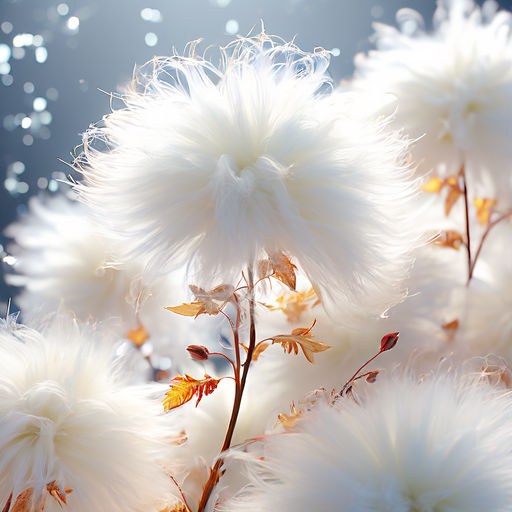 Prompt:  White cotton flowers with soft fur, acutely detailed in a frame of ultra high definition 4K, absorbed in animation and captured with razor-sharp focus, bathed in the glow of emitting diodes. Wisps of smoke, elements of artillery, and sparks dance in the background, amidst meticulously drawn racks, a system unit, and a motherboard. The scene brought to life by the reverse dynamic brushstrokes of Pascal Blanche R