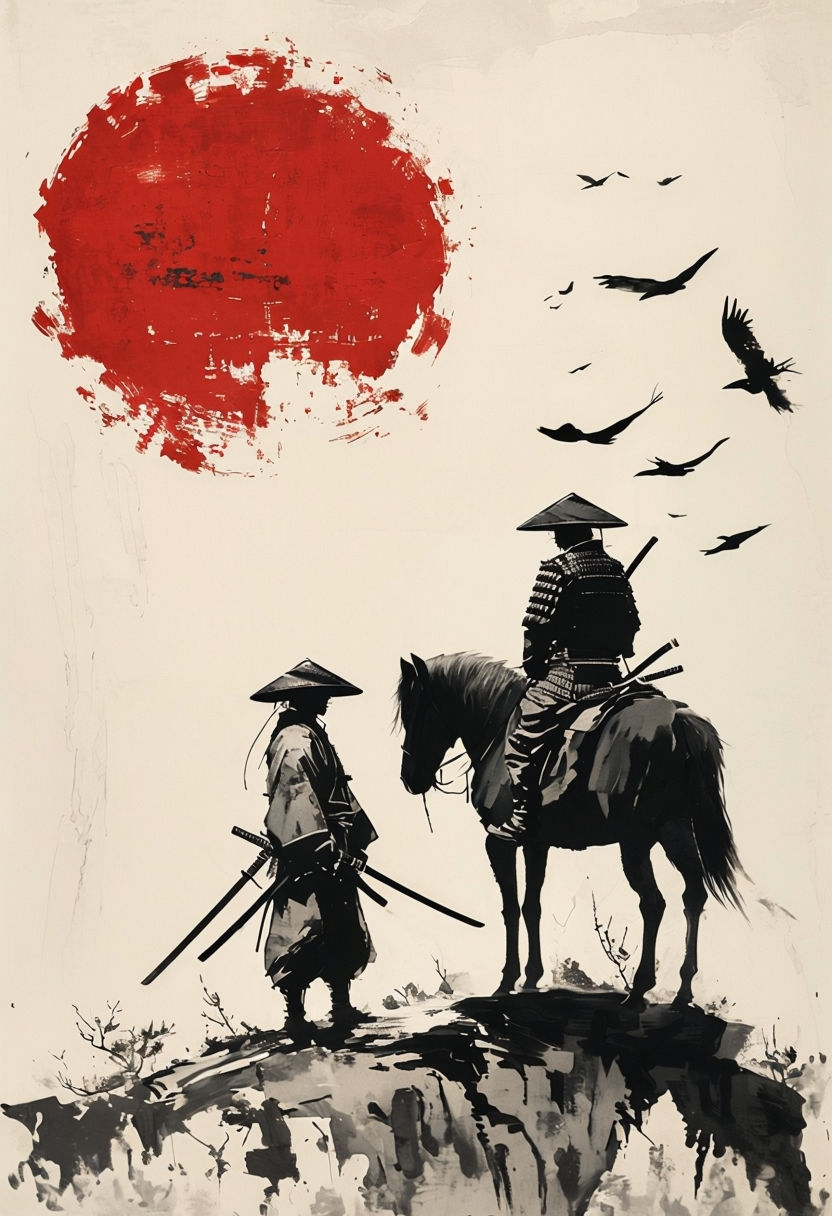 Serene Samurai Ink Wash Art Featuring Traditional Japanese Elements Poster