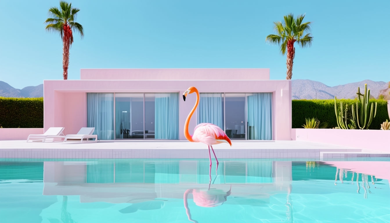 Serene Modernist House with Flamingo and Palm Trees Background