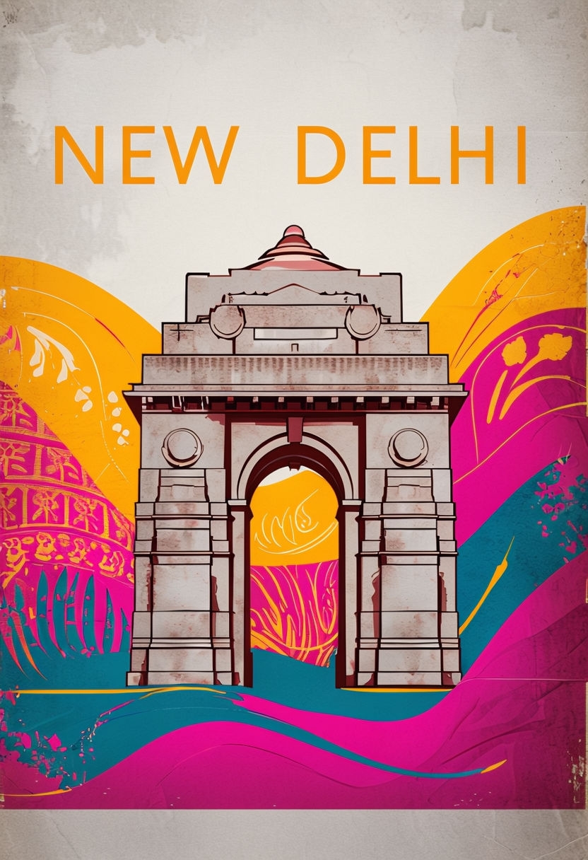 Vintage New Delhi Travel Poster with Iconic India Gate Design