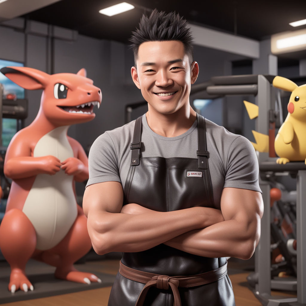 Buff young Hispanic personal trainer lifting weights with Pikachu