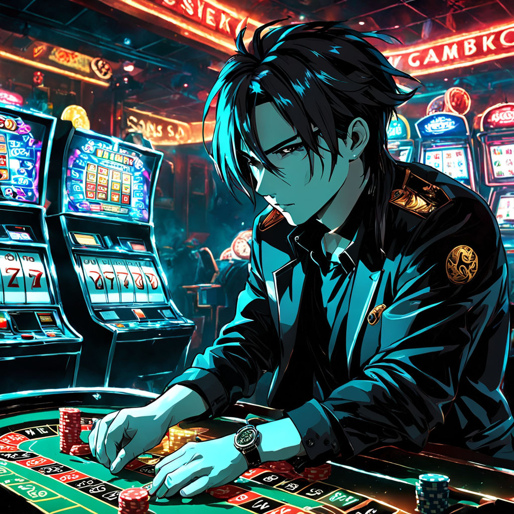 A charismatic individual, an epitome of savvy and seasoned expertise in the gambling world, sitting in a dim, smoke-filled room with the ambient glow of roulette wheels and slot machines, stakes high, chips piled high at his side, palms sweaty, navigating the gambling world with calculated risks and acute observations, smoke, neon lights, high contrast, shades and noir aesthetic, neo-noir lighting, 4k