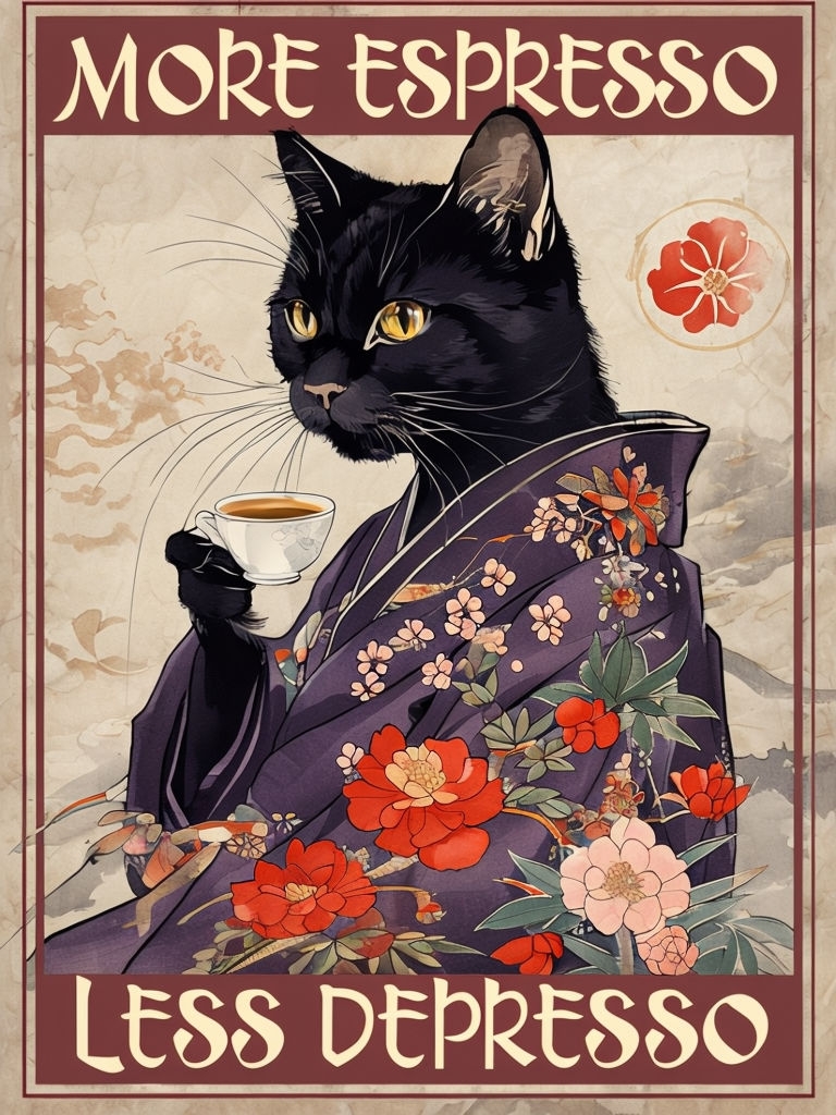 Whimsical Black Cat in Kimono with Espresso Art Poster