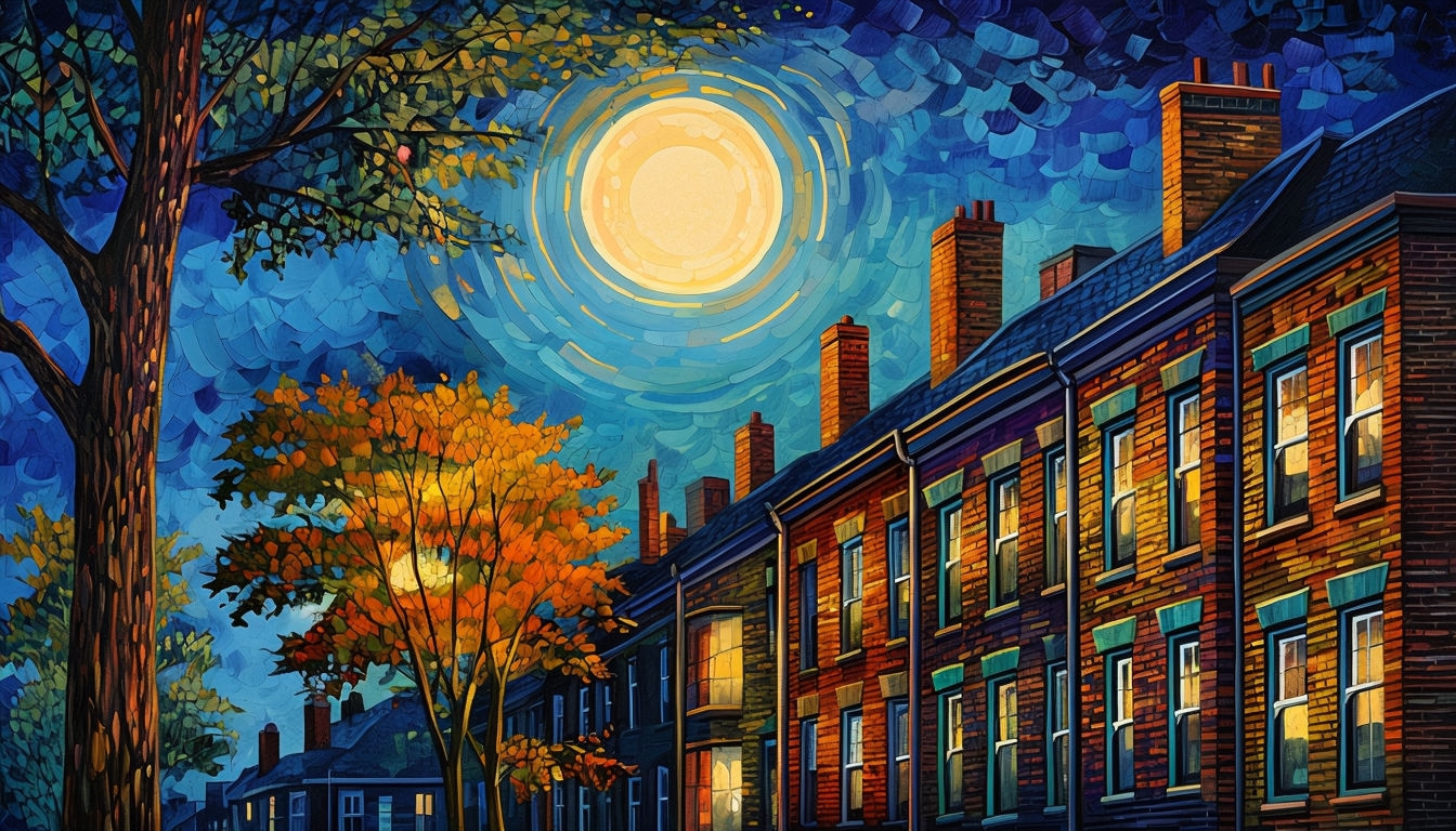 Serene Nighttime Urban Scene with Moonlit Buildings Background