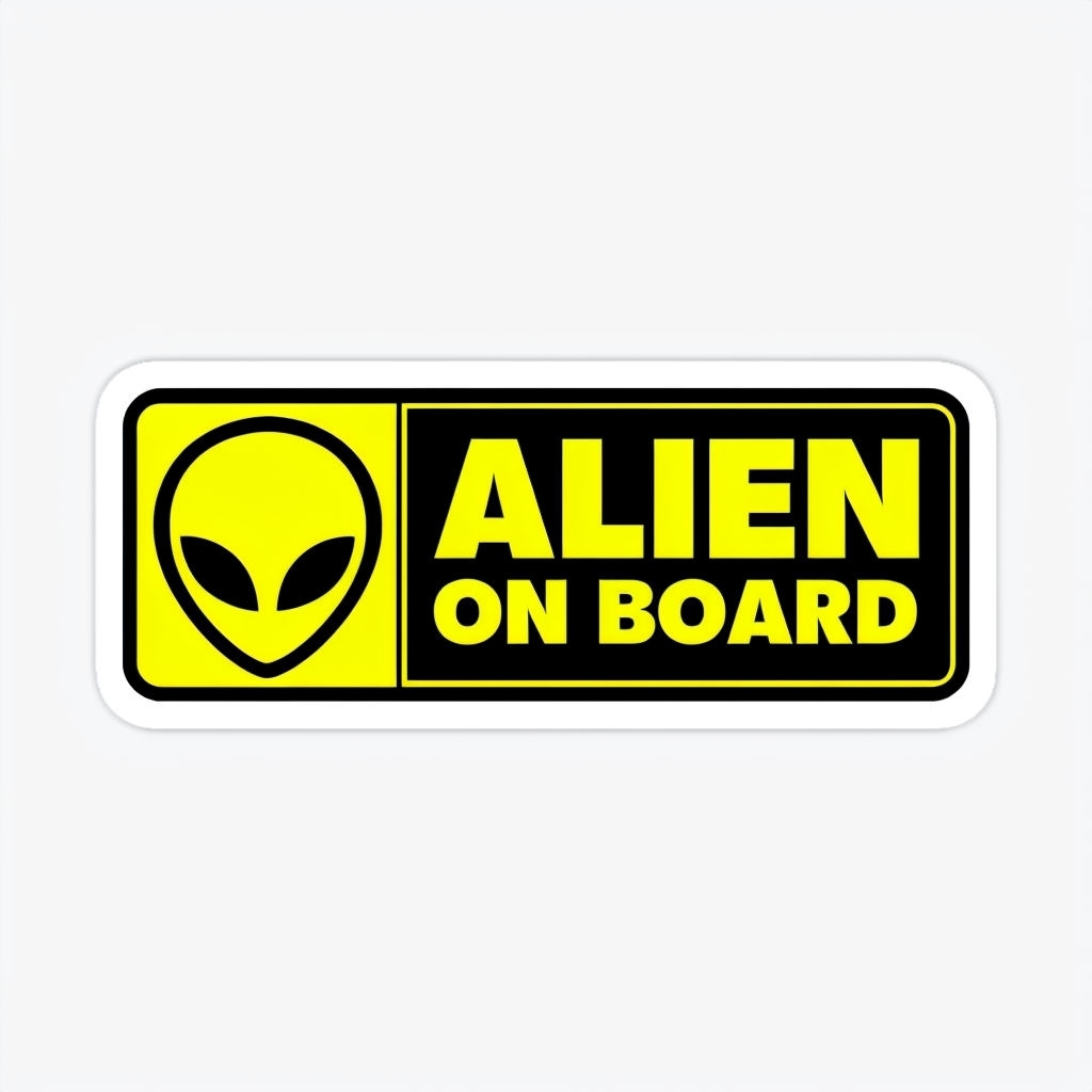 Bold 'ALIEN ON BOARD' Sticker with Stylized Alien Face Design