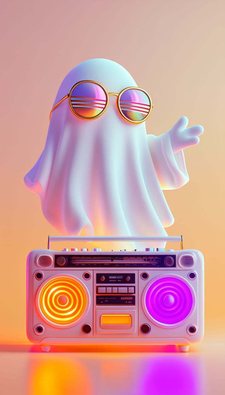 Playful Cartoon Ghost with Vintage Boombox Mobile Wallpaper