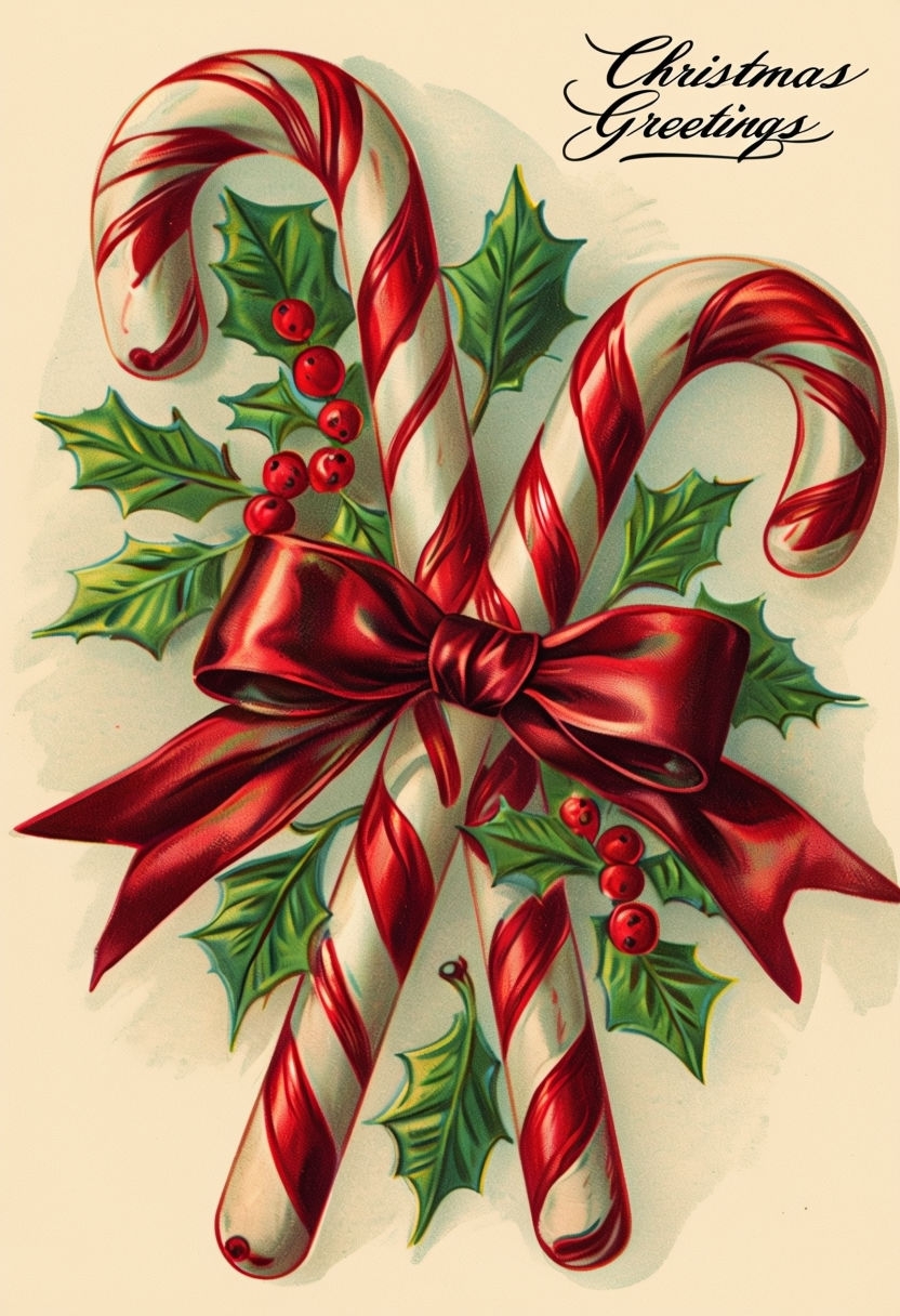 Vintage Christmas Candy Canes Greeting Card Design