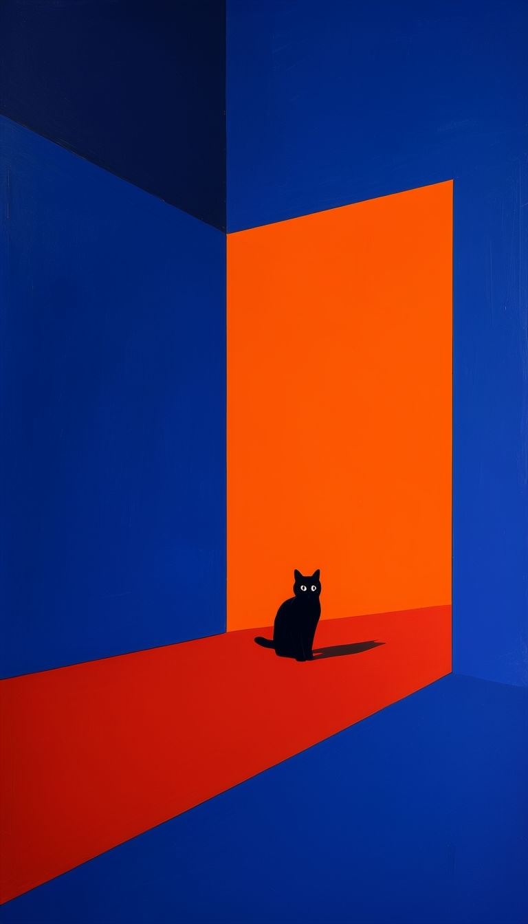 Minimalist Geometric Blue and Orange Cat Painting Mobile Wallpaper